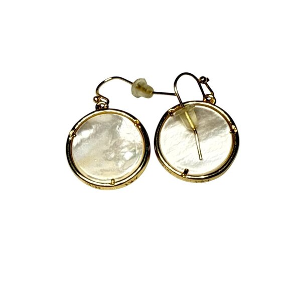 Gold Tone Round Dangle Earrings with Mother of Pearl and Crystal Accents - Picture 2 of 6